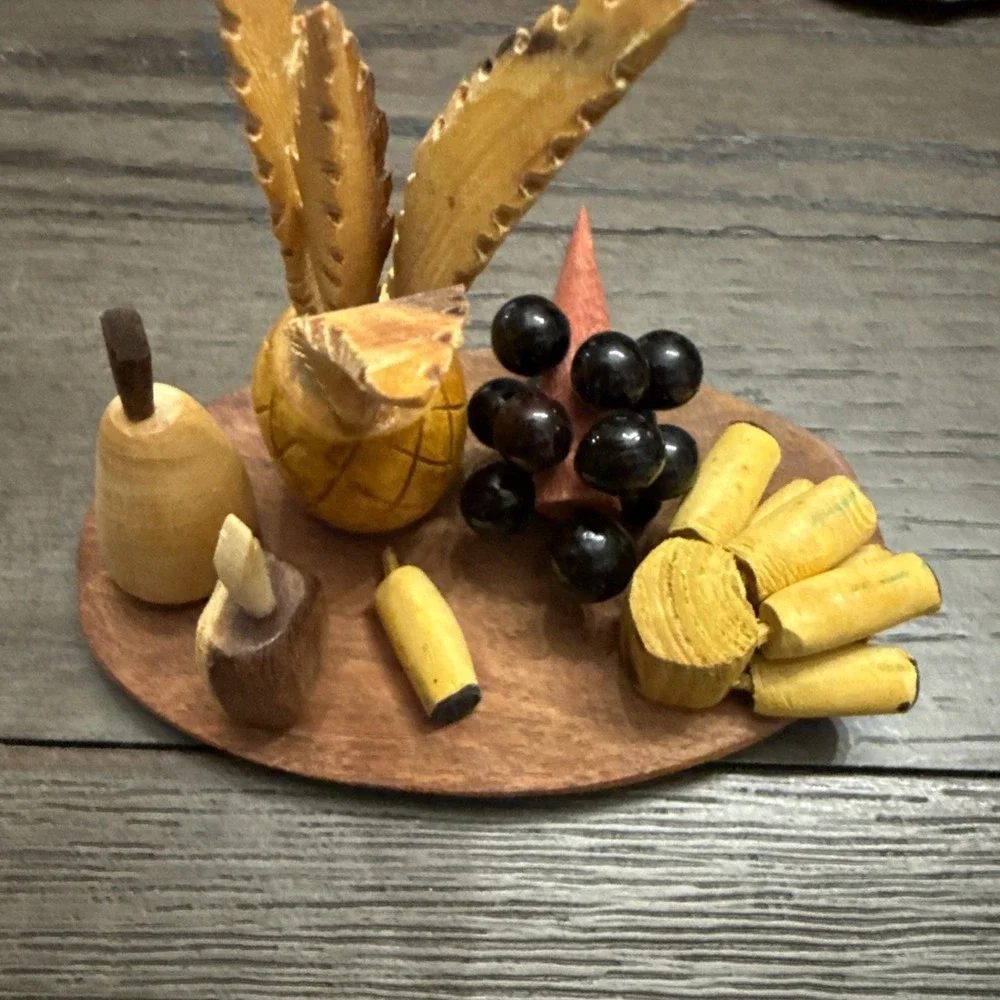 Vintage Miniature Wooden Hand Carved Fruit on Plate Set of 7 Pineapple Bananas